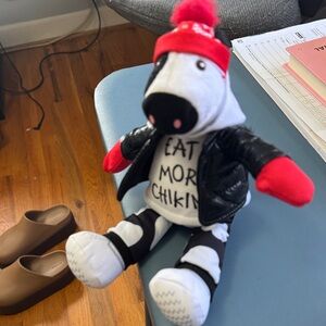 Plush Cow Doll with Red Hat and Black Jacket
